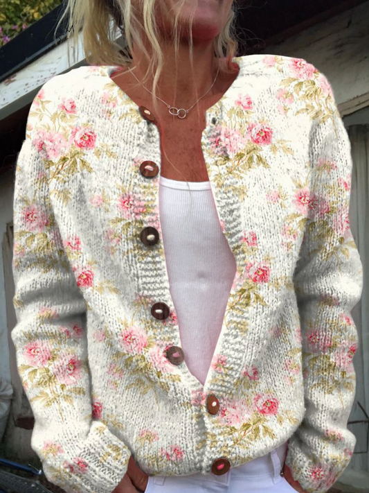 Friske pink blomster og grønne blade print knapper cardigan sweater