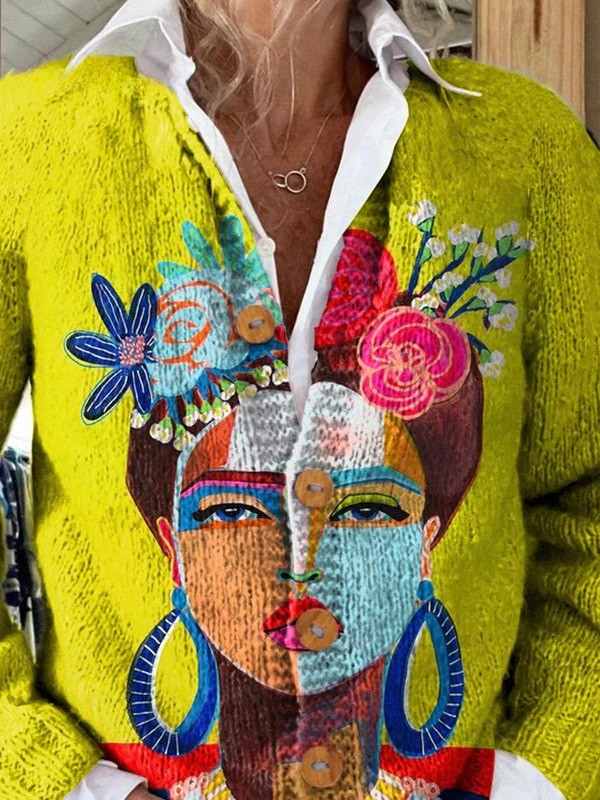 Oliepensel Freda portræt kunst trykt knap cardigan sweater