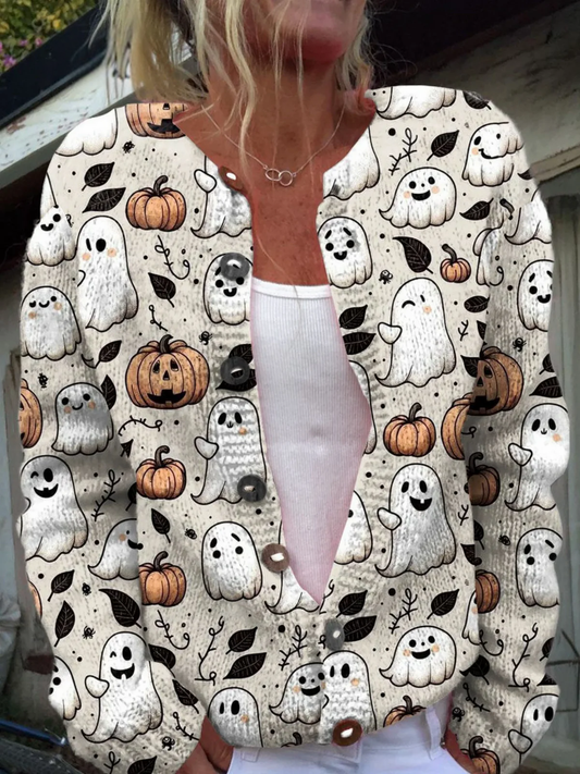 Sjov Spøgelse Halloween Kunsttryk Knappet CardiganSweater