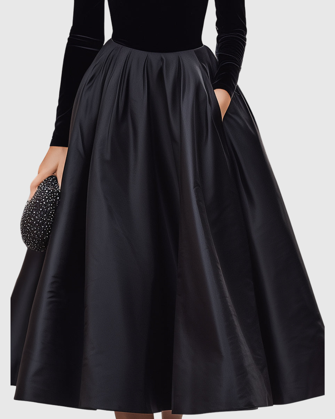 Aradia | Elegant Sort Fløjl- og Satin Midi Kjole
