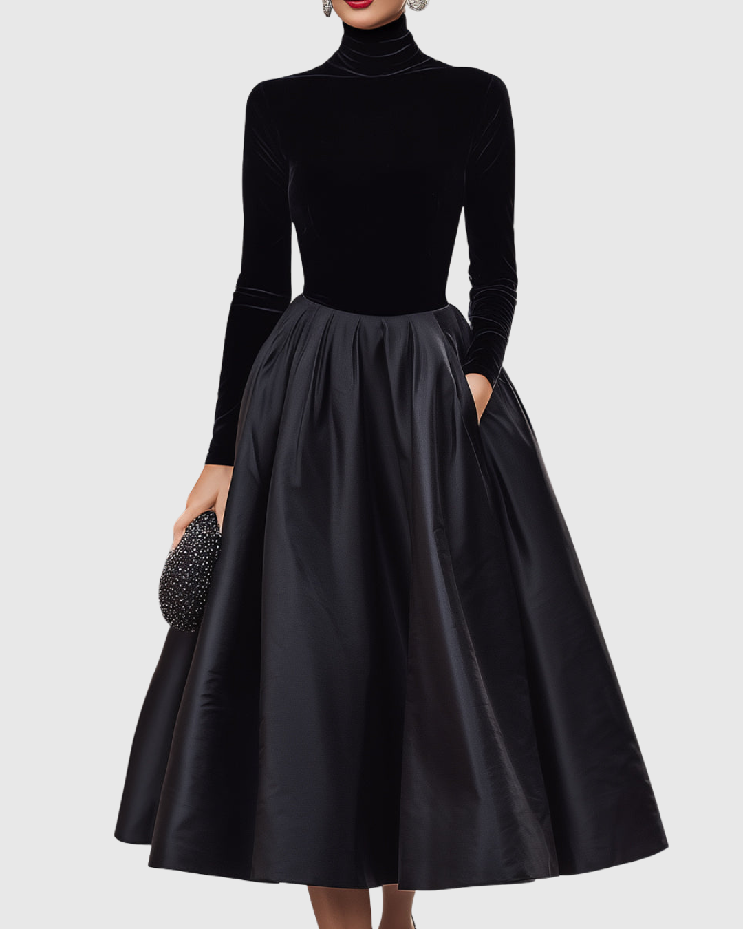 Aradia | Elegant Sort Fløjl- og Satin Midi Kjole