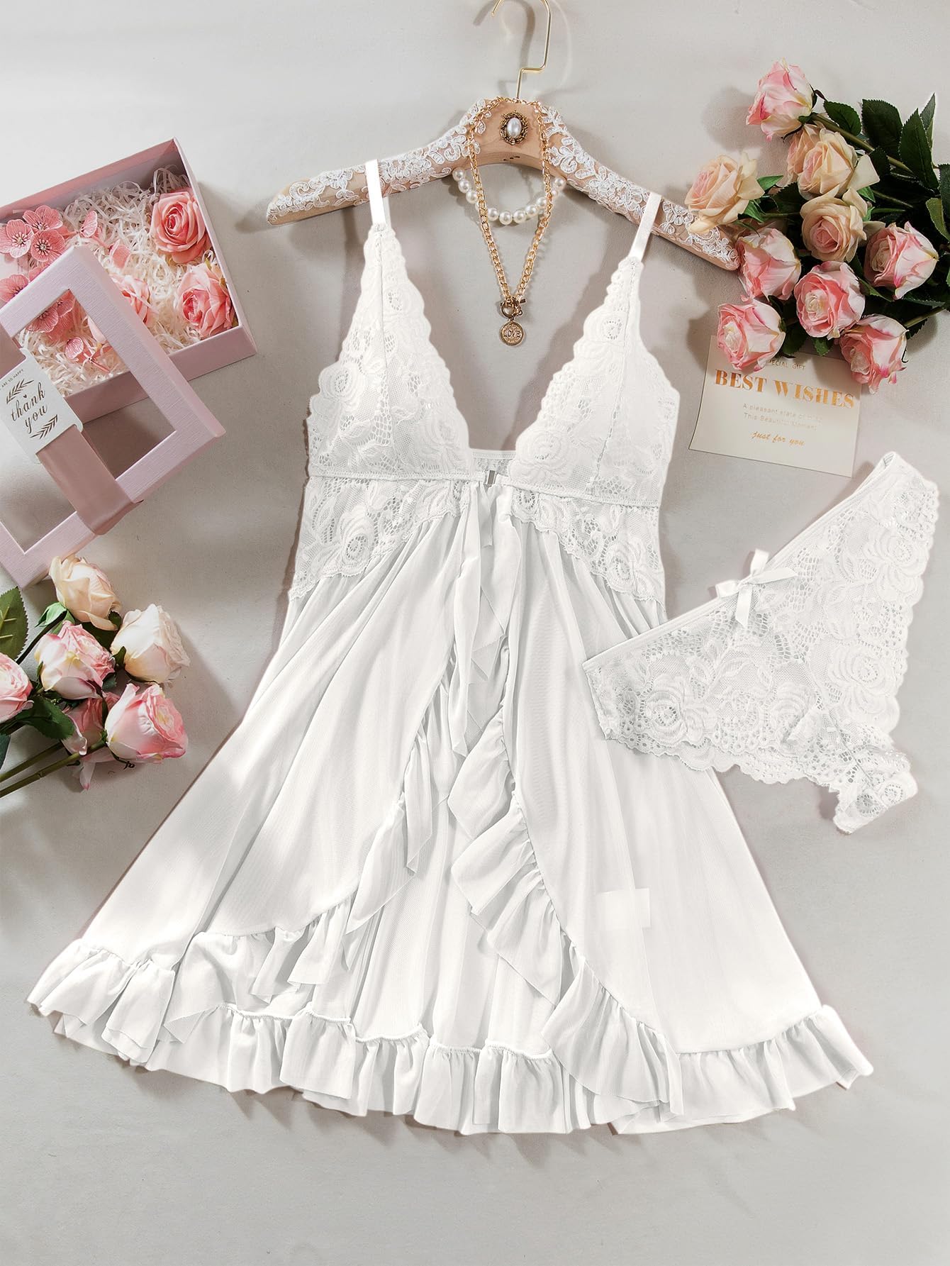 Nina™ | Sæt med Blonde Baby Doll i Gennemsigtigt Materiale